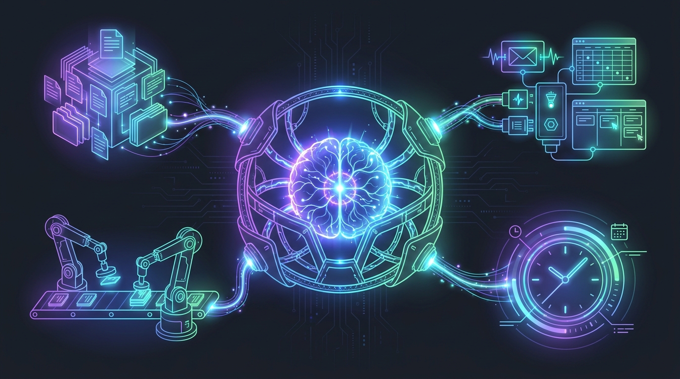 Ilustración conceptual: un cerebro de IA dentro de un armazón (el harness) conectado a una bóveda de documentos (memoria), a herramientas como correo, hoja de cálculo y tablero, a un reloj, y a unos brazos robóticos que ejecutan tareas de forma ordenada
