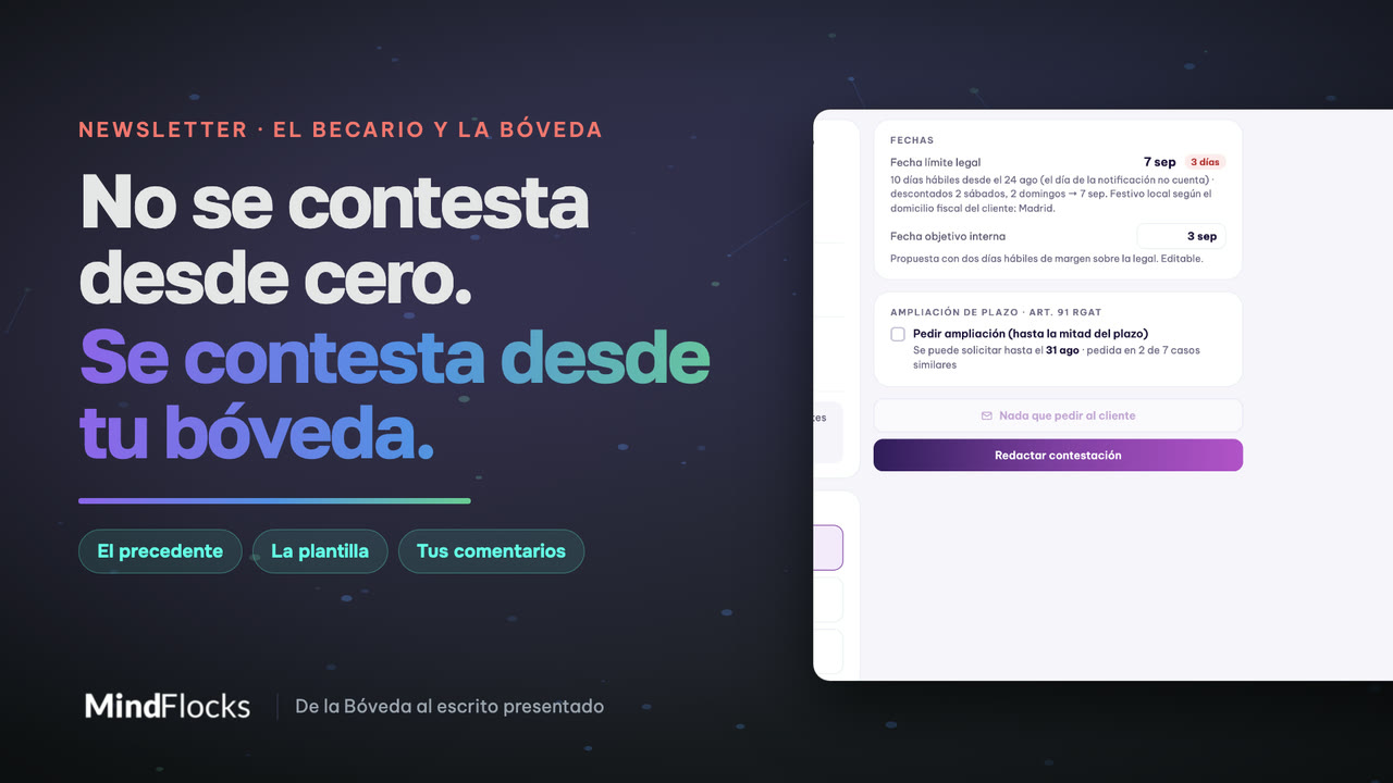 Expediente de un requerimiento de Hacienda en pantalla: el cómputo del plazo con su explicación paso a paso, la opción de pedir ampliación, el precedente recuperado de la base de conocimiento del despacho y el botón para redactar la contestación